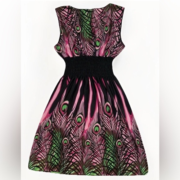 Summer Sundress Women Pink Peacock Beach Slimming Sleeveless Smock Dress M READ - Picture 4 of 11